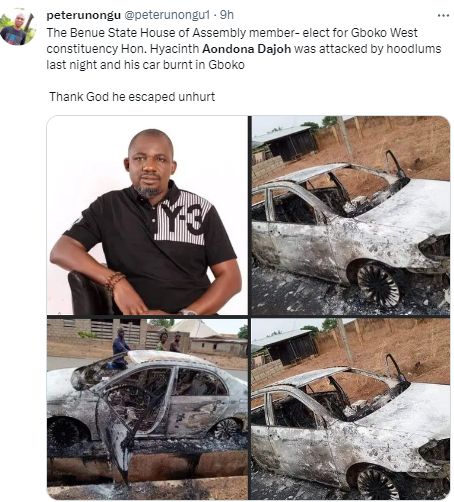 Benue House member-elect escapes assassination attempt, vehicle burnt