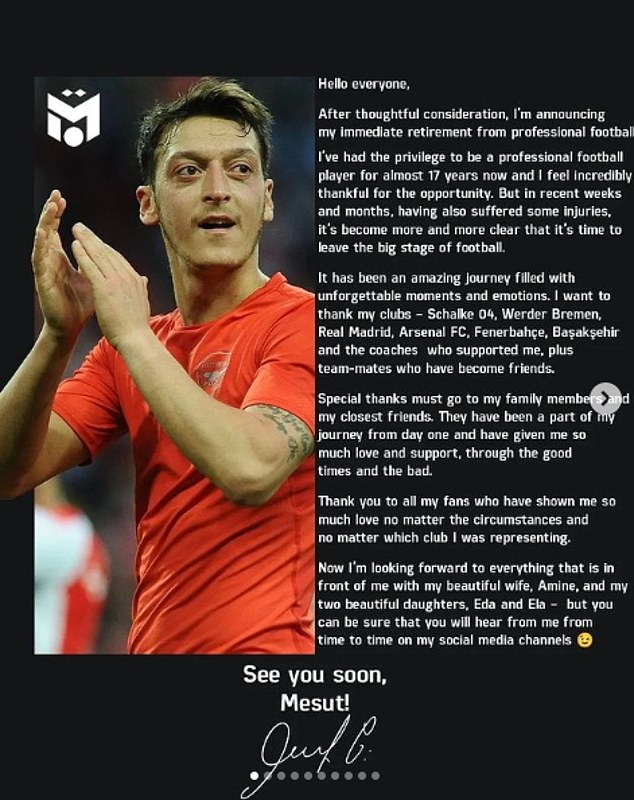 Former Arsenal, Real Madrid and Germany star, Mesut Ozil announces retirement from football at 34