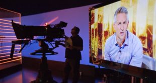 Gary Lineker shown on screen during filming of Match of the Day in 2014, 50 years after the show was first broadcast.