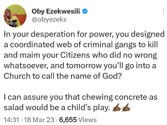 I can assure you that chewing concrete as salad would be a child?s play- Oby Ezekwesili writes politicians who send criminal gangs to kill their citizens in their desperation for power
