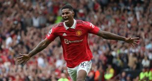 Manchester United star Marcus Rashford celebrates scoring their second goal during the Premier League match between Manchester United and Arsenal FC at Old Trafford on September 04, 2022 in Manchester, England.