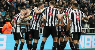 Newcastle players celebrate Miguel Almiron