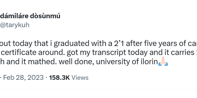 Nigerian man discovers he graduated with a second class upper five years after carrying around a second class lower certificate