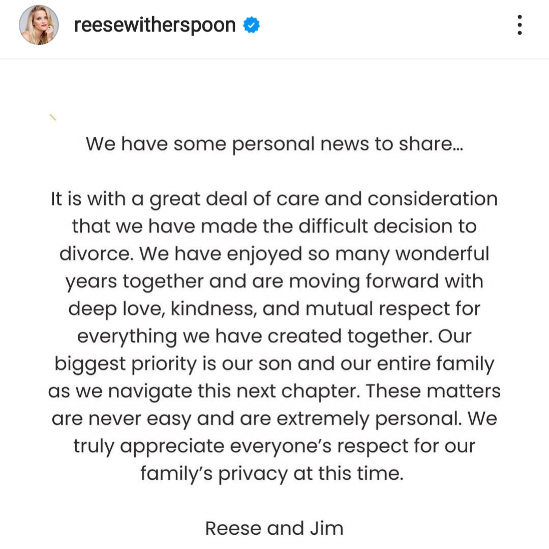 Reese Witherspoon and husband Jim Toth announce difficult decision to divorce after over a decade of marriage