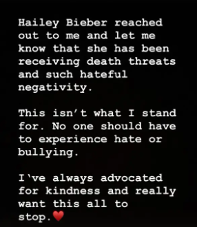 Selena Gomez pleads with her fans to stop sending death threats to Hailey Bieber after the model reached out to her to complain