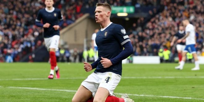 Scott McTominay celebrates one of his two goals for Scotland against Cyprus in March 2023.