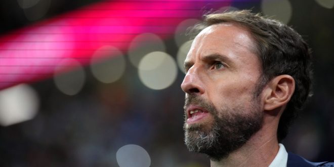 England manager Gareth Southgate looks on ahead of the FIFA World Cup 2022 last 16 match between England and Senegal at the Al Bayt Stadium on December 4, 2022 in Al Khor, Qatar.