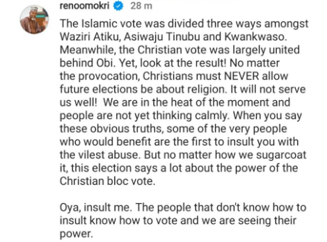 This election says a lot about the power of the Christian bloc vote - Reno Omokri says