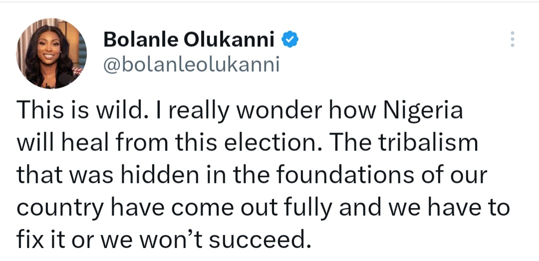 Tribalism: I really wonder how Nigeria will heal from this election- media gal, Bolanle Olukanni, shares her thoughts on today