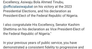 VP Yemi Osinbajo congratulates Bola Tinubu after INEC announced him winner of the presidential election