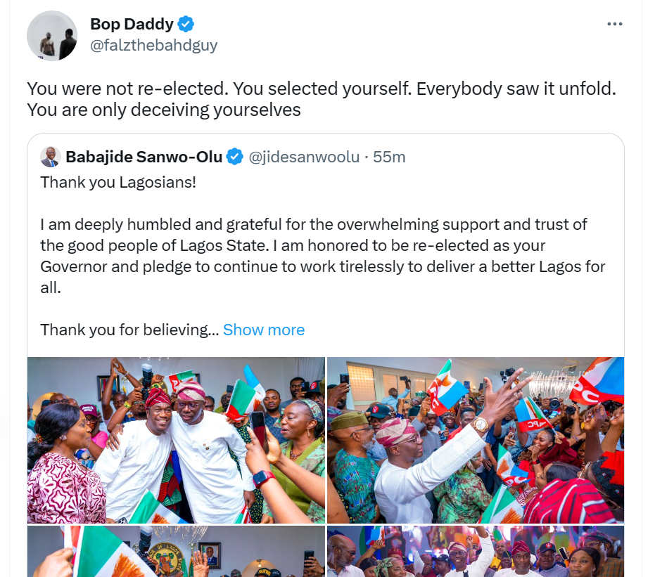 You were not re-elected, you selected yourself - Falz tackles Babajide Sanwo-Olu as he thanked Lagosians for re-electing him as Governor of the state