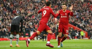 Roberto Firmino celebrates his equaliser for Liverpool against Arsenal in the Premier League at Anfield in April 2023.