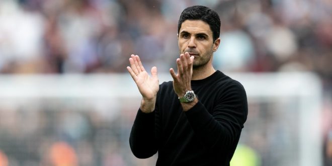 Arsenal manager Mikel Arteta applauds the fans at full-time of the Premier League match between West Ham United and Arsenal at the London Stadium on April 16, 2023 in London, United Kingdom.