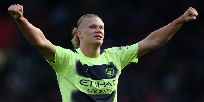 Erling Haaland celebrates after one of his goals for Manchester City against Southampton in the Premier League in April 2023.