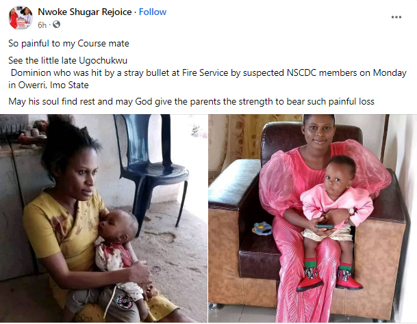 Heartbreaking photo of woman holding her child killed by stray bullet fired by alleged NSCDC officer in Imo