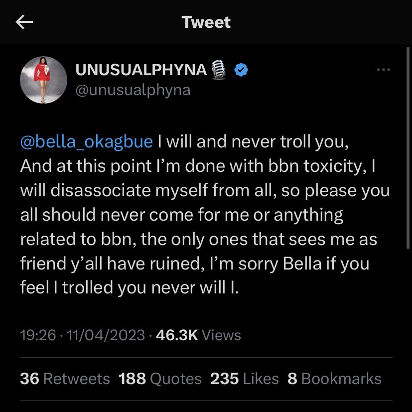 "I'm sorry" Big Brother Naija winner Phyna pleads after her colleague Bella unfollowed her on Instagram