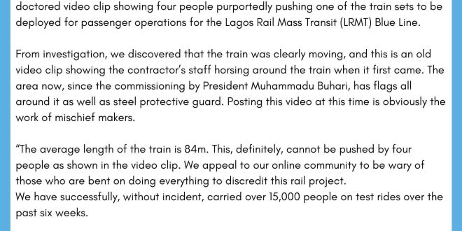 Lagos Metropolitan Area Transport Authority dismisses viral video of train being