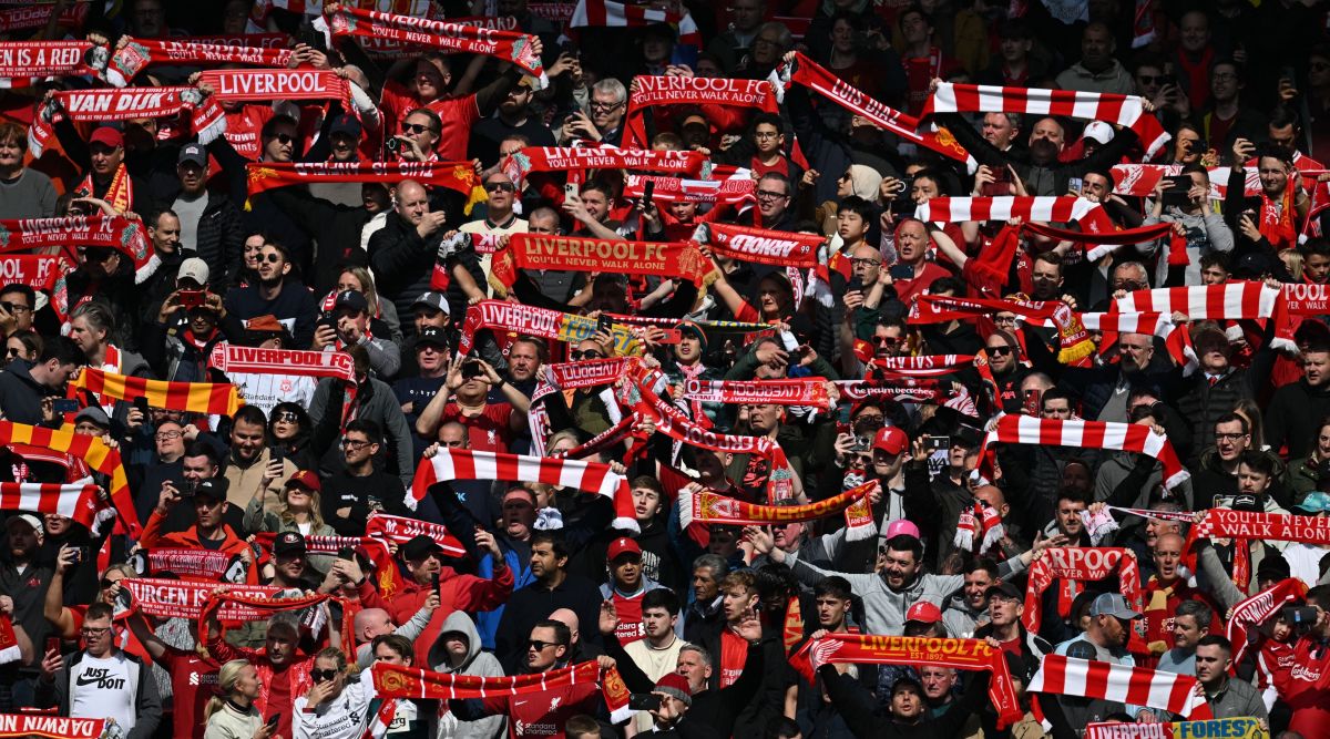 Liverpool fans sing ahead of the Premier League match between Liverpool and Nottingham Forest at Anfield on April 22, 2023 in Liverpool, United Kingdom.
