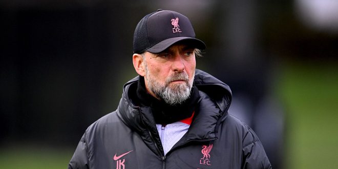 Liverpool manager Jurgen Klopp during a training session ahead of their UEFA Champions League round of 16 match against Real Madrid at Anfield on February 20, 2023 in Liverpool, England.