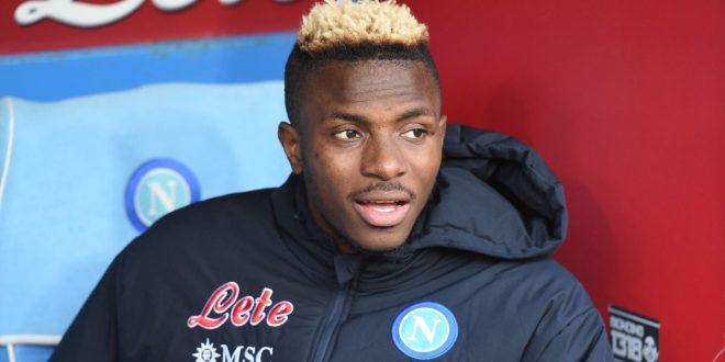 Manchester United rumoured transfer target Victor Osimhen of Napoli looks on from the bench during the Serie A match between Napoli and Hellas Verona at the Stadio Diego Armando Maradona on April 15, 2023 in Naples, Italy.