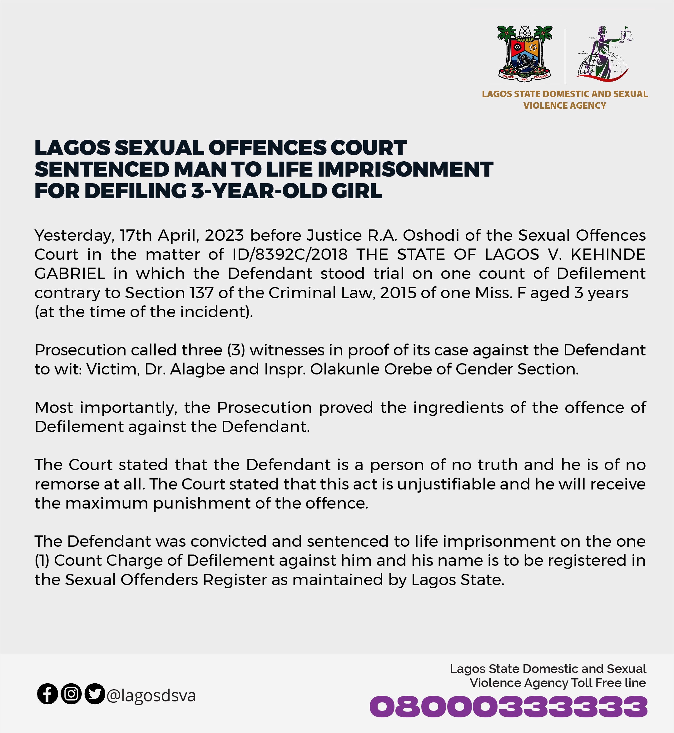 Man sentenced to life imprisonment for raping 3-year-old girl in Lagos