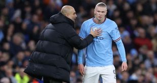 Manchester City manager Pep Guardiola with striker Erling Haaland during the FA Cup quarter-final against Burnley in March 2023.