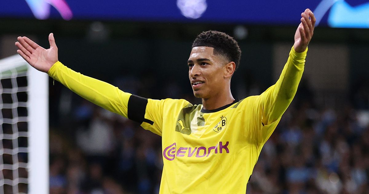 Manchester City and Liverpool target Jude Bellingham of Borussia Dortmund celebrates after scoring their sides first goal during the UEFA Champions League group G match between Manchester City and Borussia Dortmund at Etihad Stadium on September 14, 2022 in Manchester, England.