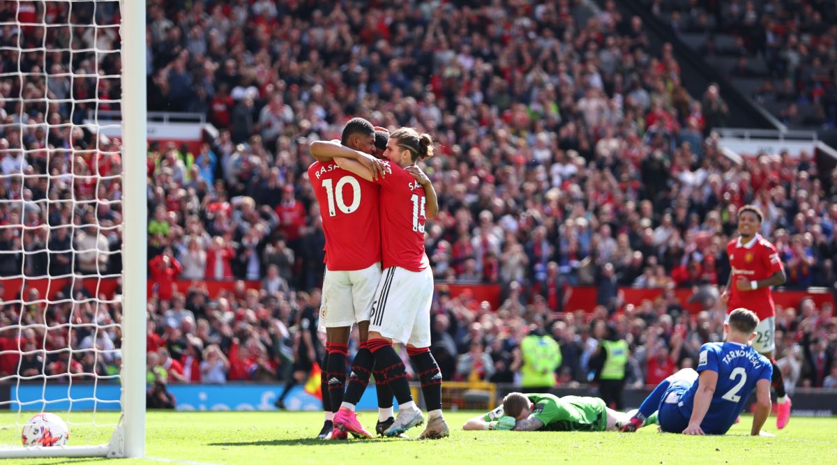 Manchester United players celebrate after Anthony Martial scored the team