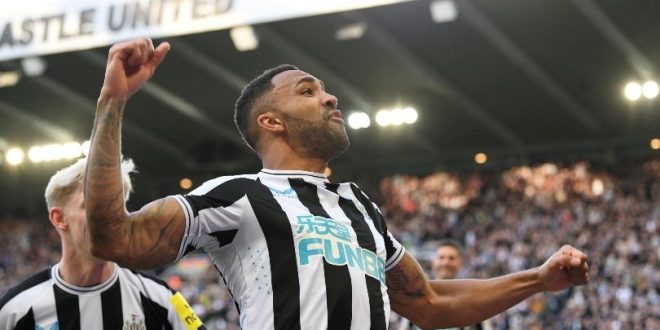 Callum Wilson celebrates after scoring for Newcastle against Manchester United in the Premier League in April 2023.