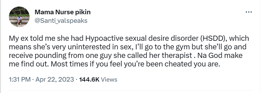 Nigerian man recounts his experience with his ex-girlfriend who claimed she had a disorder that makes her uninterested in sex