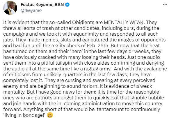 Obidients are mentally weak - Festus Keyamo