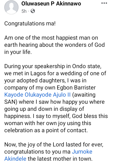 Ondo first female Speaker, Jumoke Akindele-Ajulo gives birth to first child at 54