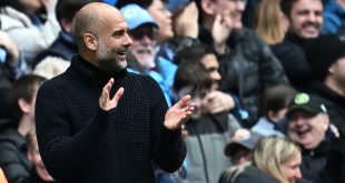 Manchester City manager Pep Guardiola applauds during the Premier League match between Manchester City and Liverpool at the Etihad Stadium on April 1, 2023 in Manchester, United Kingdom.