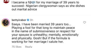 "Playing a fool in your relationship to maintain peace is unhealthy" Betty Irabor replies pastor who said she became a fool to keep her marriage for 39 years