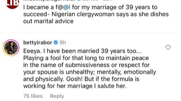 "Playing a fool in your relationship to maintain peace is unhealthy" Betty Irabor replies pastor who said she became a fool to keep her marriage for 39 years