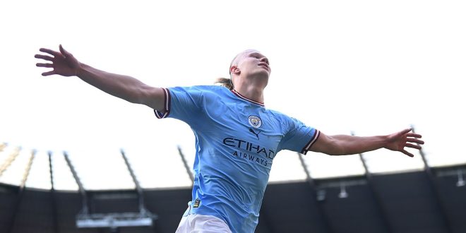 Erling Haaland of Manchester City celebrates after scoring the team