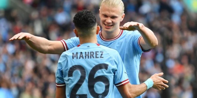 Riyad Mahrez celebrates his second goal against Sheffield United with Manchester City team-mate Erling Haaland at Wembley in April 2023.