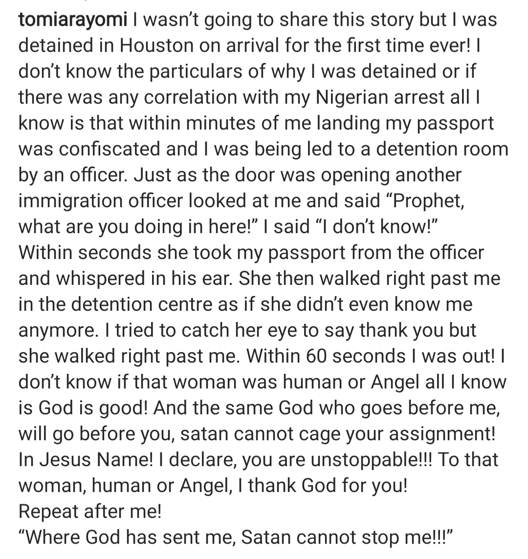 "Satan cannot stop me," Pastor Tomi Arayomi reveals he was detained at Houston airport days after the DSS detained him at Lagos airport