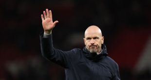 Manchester United manager Erik ten Hag gestures during the UEFA Europa League quarter-final first leg match between Manchester United and Sevilla at Old Trafford on April 13, 2023 in Manchester, United Kingdom.