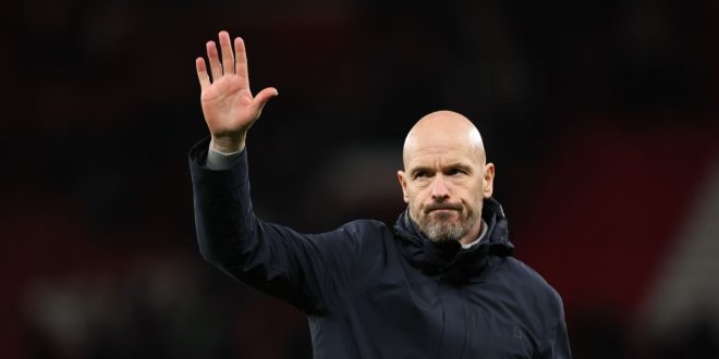 Manchester United manager Erik ten Hag gestures during the UEFA Europa League quarter-final first leg match between Manchester United and Sevilla at Old Trafford on April 13, 2023 in Manchester, United Kingdom.