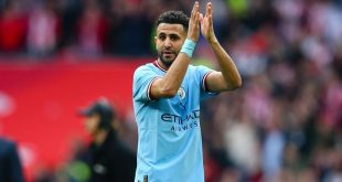 Riyad Mahrez appluads the Manchester City fans at Wembley after their 3-0 win over Sheffield United in the FA Cup semi-finals in April 2023.