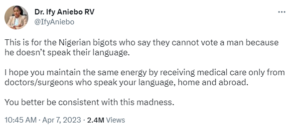 ?You cannot vote a man because he doesn?t speak your language. Hope you maintain the same energy when receiving medical care only from doctors who speak your language
