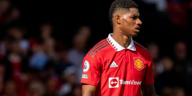 Marcus Rashford of Manchester United in action during the Premier League match between Manchester United and Brighton & Hove Albion at Old Trafford on August 07, 2022 in Manchester, England