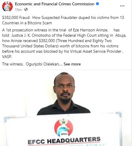 $382,000 Fraud:  EFCC witness tells court how suspected fraudster allegedly duped his victims from 13 countries in a Bitcoin scam