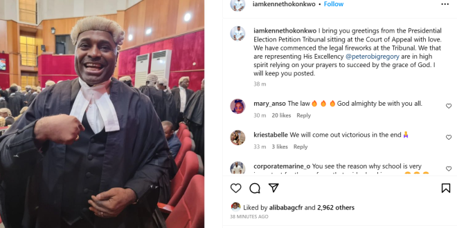 Actor Kenneth Okonkwo shares photo of himself in a legal outfit at the presidential election tribunal