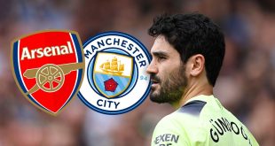Arsenal target Ilkay Gundogan of Manchester City looks on during the Premier League match between Everton FC and Manchester City at Goodison Park on May 14, 2023 in Liverpool, England.