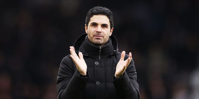 Arsenal manager Mikel Arteta applauds their fans after the Premier League match between Fulham FC and Arsenal FC at Craven Cottage on March 12, 2023 in London, England
