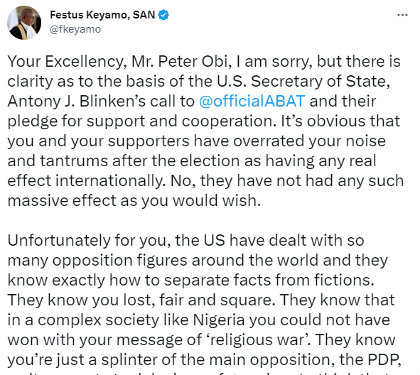 Come down from your high horse. You know you lost the election - Festus Keyamo tackles Peter Obi for criticizing Tinubu/Blinken call
