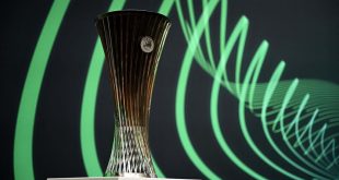 This photograph shows the UEFA Europa Conference League trophy before the draw for the quarter-final, semi-final and final of the 2022-2023 UEFA Europa Conference League football tournament, in Nyon, on March 17, 2023