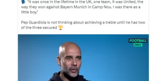 Fans poke fun at Pep Guardiola after he says he remembers watching Manchester United?s treble in 1999 ?as a little boy?